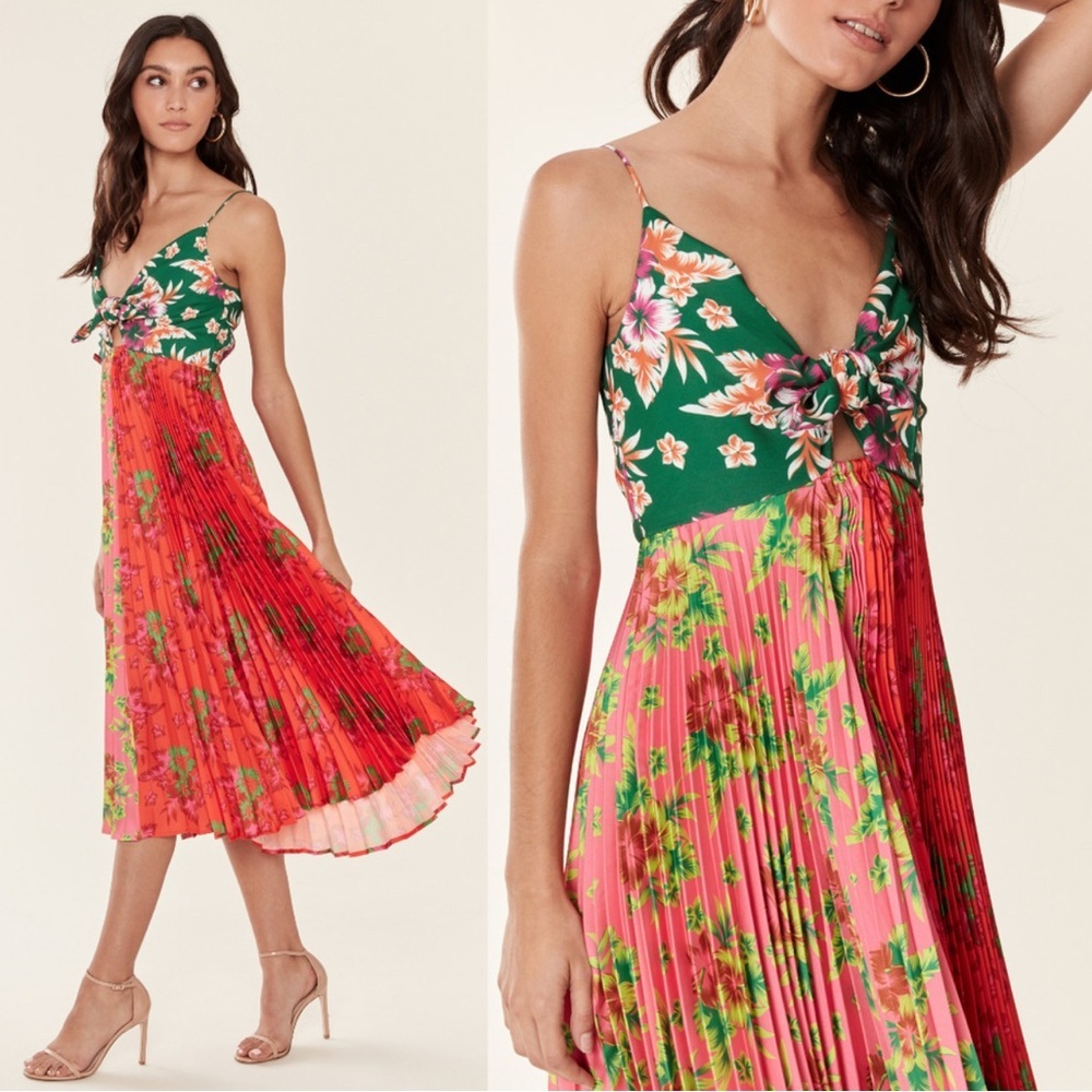 Floral Tie-Front Midi Dress in Green and Coral